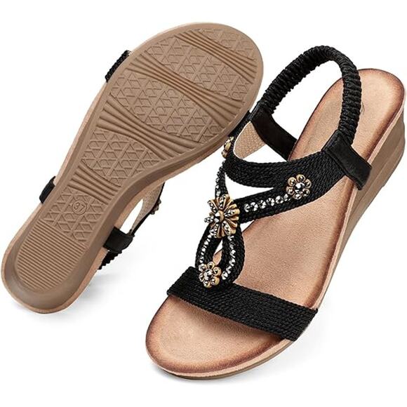 SHIBEVER Women’s Wedge Sandals Rhinestone Boho Low Heel Elastic Strap Sz 10.5 - Picture 2 of 11